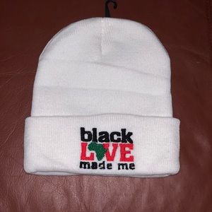 White knit unisex embroidered beanie hat.